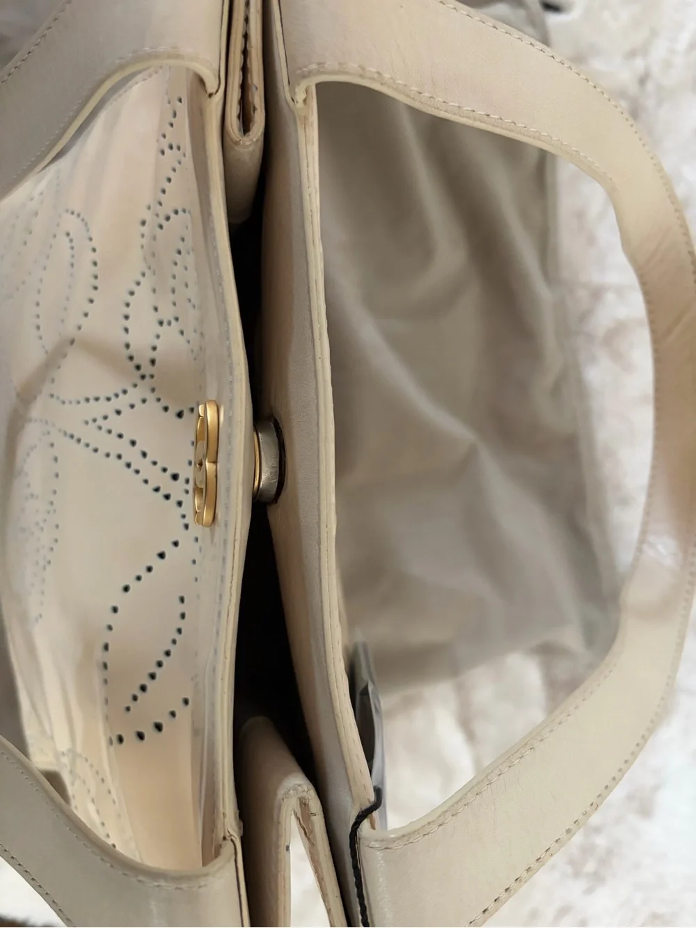 Chanel Small Beige Patent Leather Floral Perforated Tote